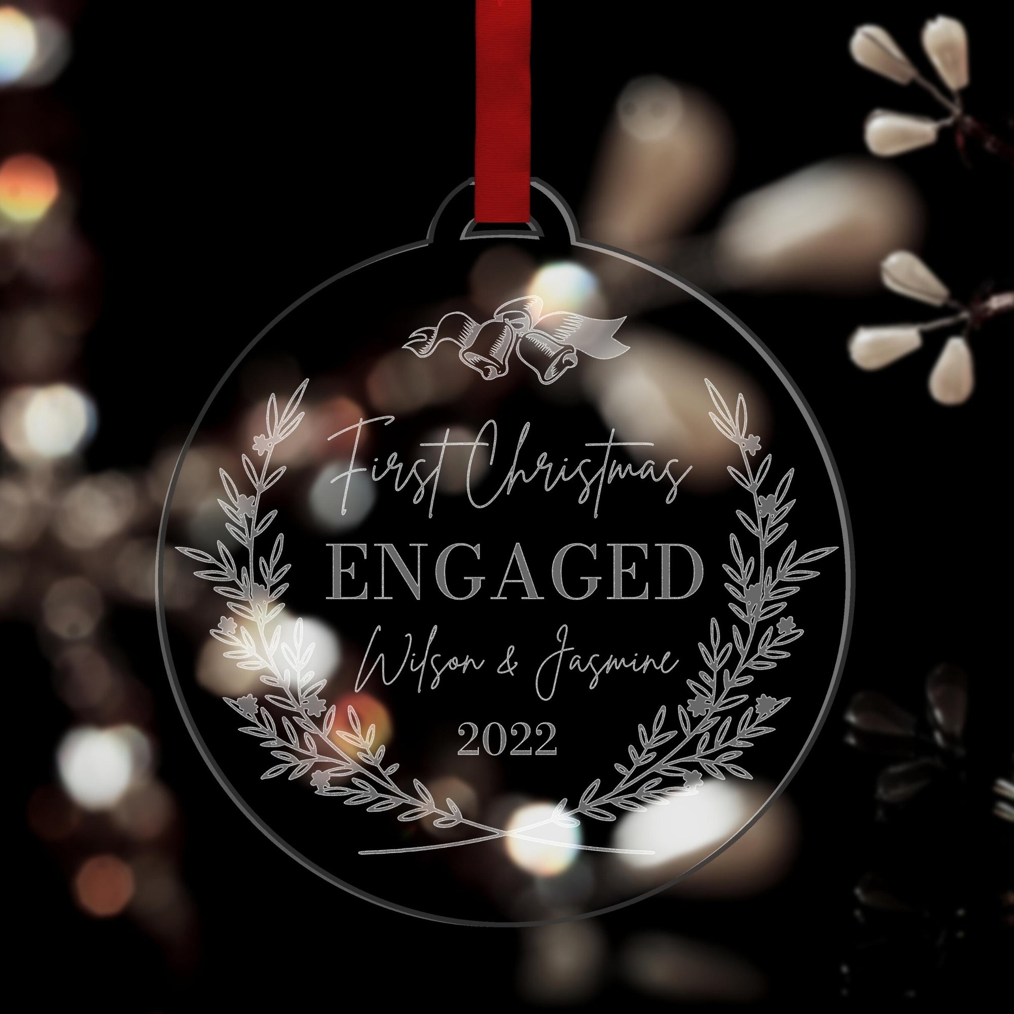Personalised Custom Name First Christmas Engaged/ Married Baubles, Engraved Clear/ Frosted Acrylic Hanging Tree Merry Xmas, New Year Wreath Ornament, Decor Gift Tags