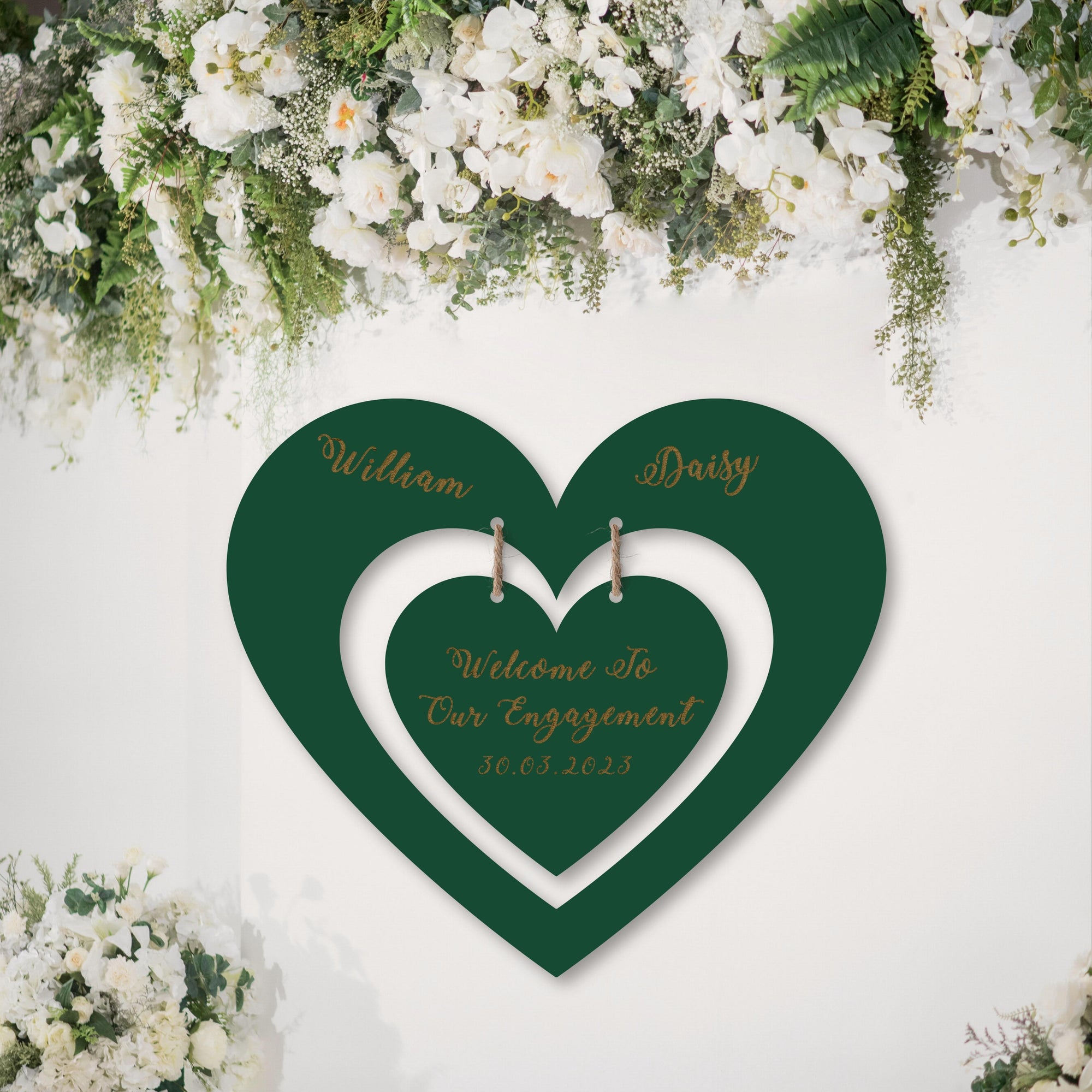 Personalised Dangling Double Heart Wedding/ Anniversary Sign Hoop, Photo Backdrop, Personalised Bespoke Design Laser Cut Wooden Bridal Shower/ Hens Party, Birthday, Event Signs, Wall Decor Signage