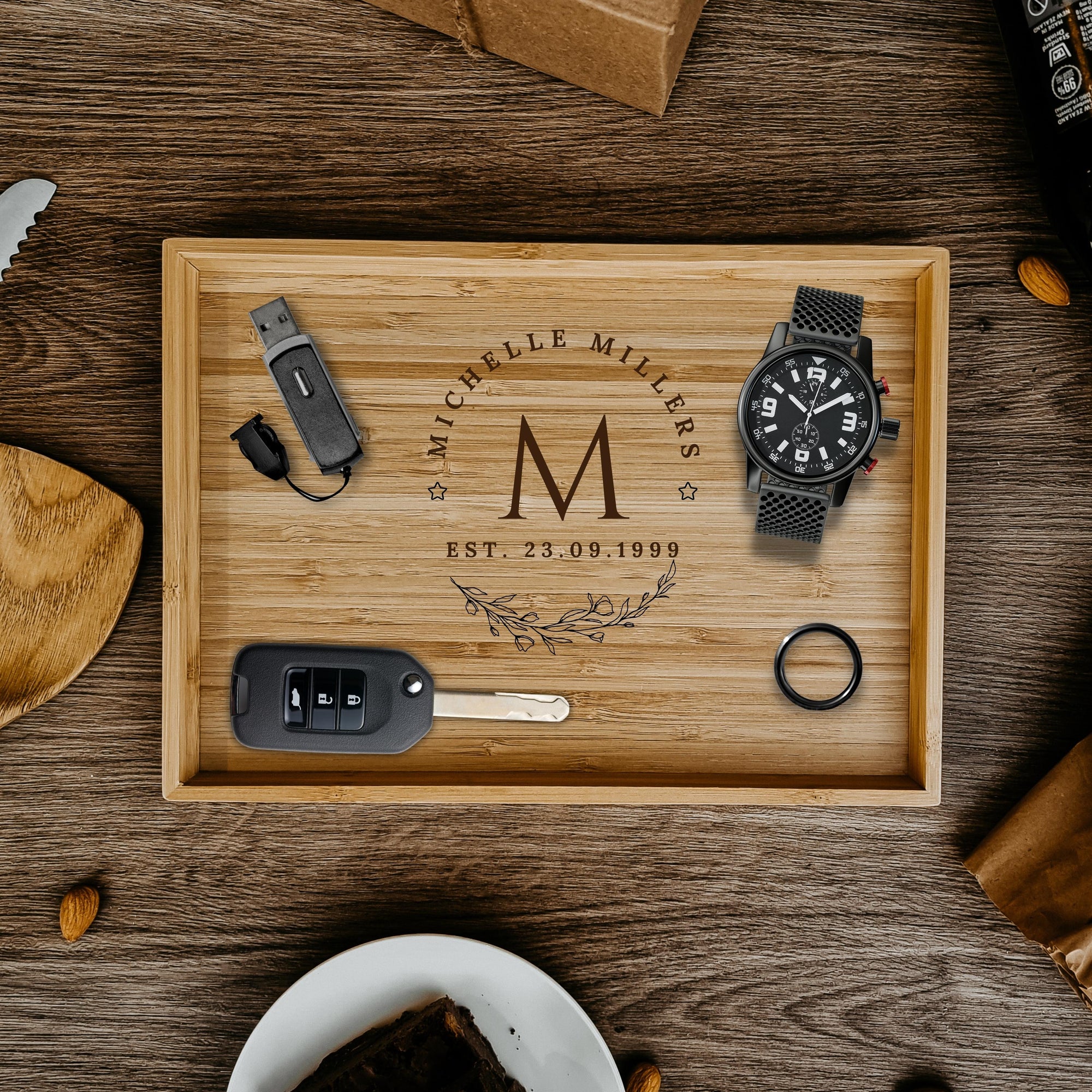 25 x 33cm Personalised Bamboo Wooden Charcuterie Serving Tray, Engraved Platter, catchall tray, Catch Organiser, Desk Accessories