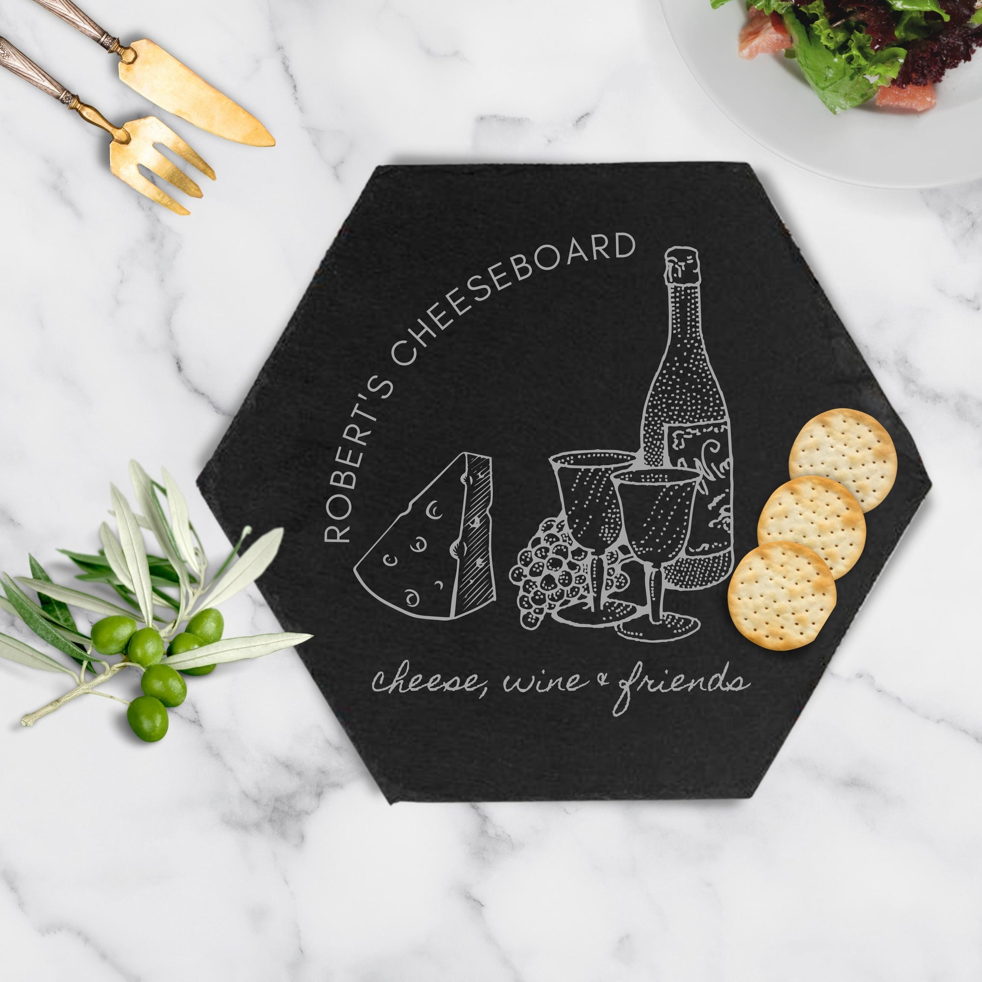 Personalised Hexagon Slate Serving Cheese Board, Custom Engraved Charcuterie Platter, Wedding, Anniversary, Corporate, Housewarming Gift