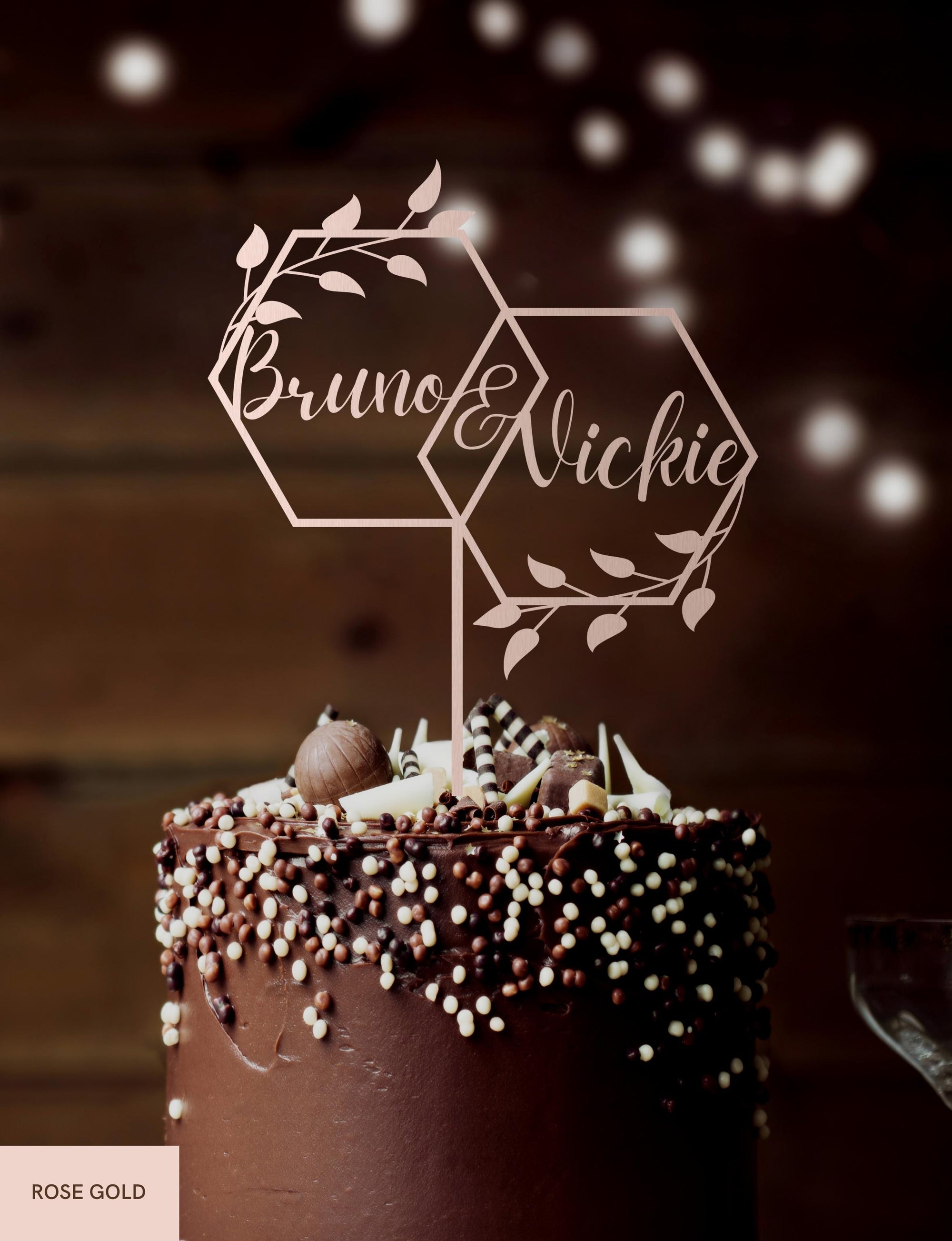 Personalised MDF/ Mirror Acrylic Wedding Cake Topper, Custom Join Name Overlap Hexagon Leaf Sign, Bridal, Groom Hens Event Party Supply Decor Toppers