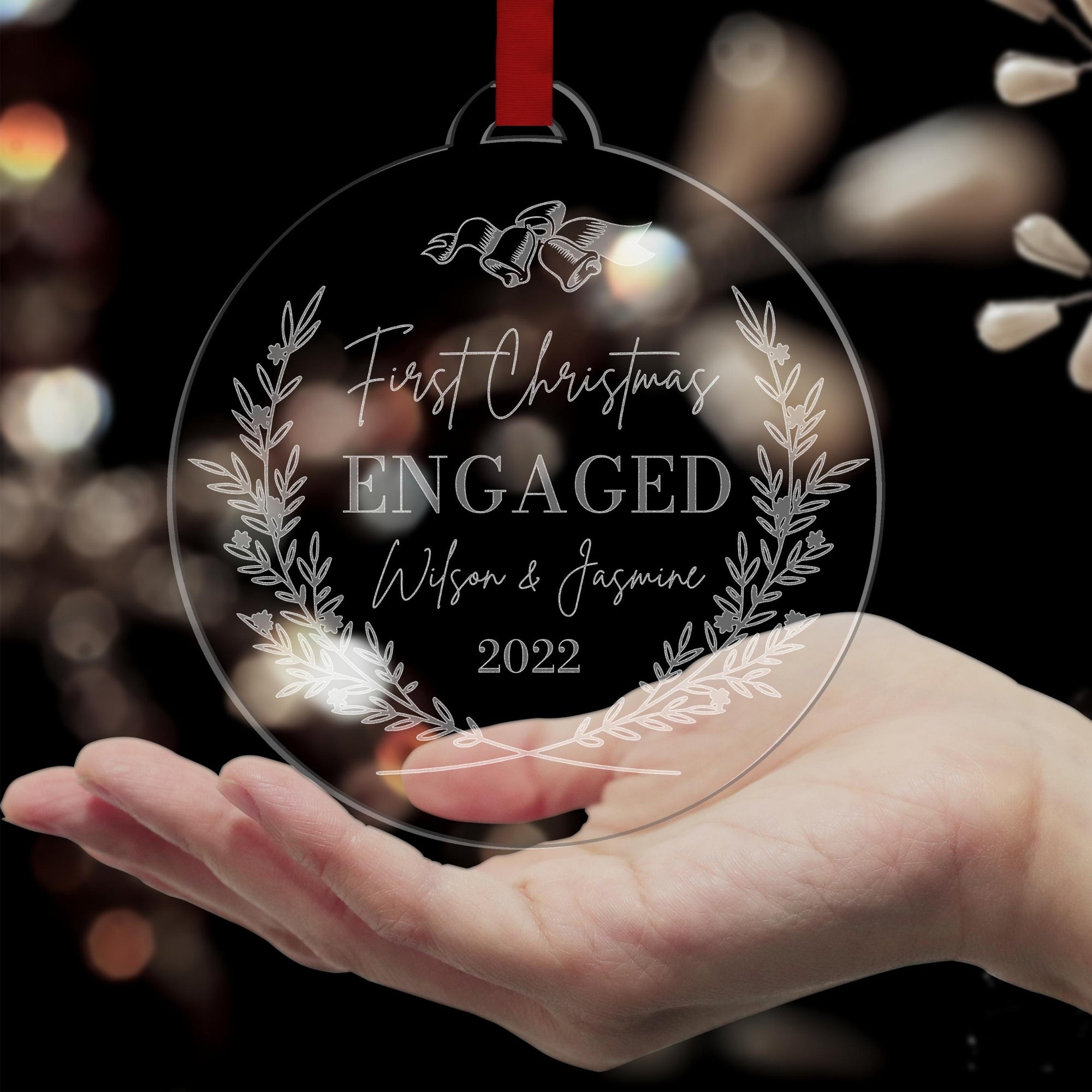 Personalised Custom Name First Christmas Engaged/ Married Baubles, Engraved Clear/ Frosted Acrylic Hanging Tree Merry Xmas, New Year Wreath Ornament, Decor Gift Tags