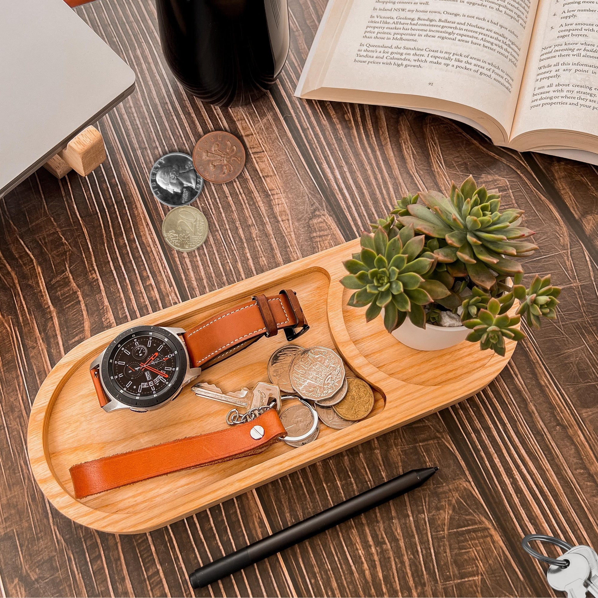 Personalised Round Wooden Jewellery/ Tech/ Office/ Serving/Catchall Tray with Drink Holder, Custom Engraved Timber Wood Valet Organiser Decor Gift