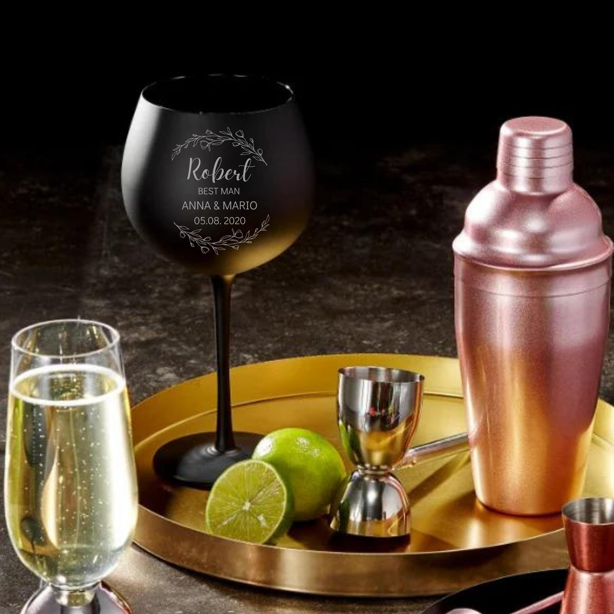 Engraved 600ml Matte Black Gin/ Spirits Stemless Wine Glass, Personalised Custom Monogram Barware, Housewarming/ Wedding, Bridesmaid Gift