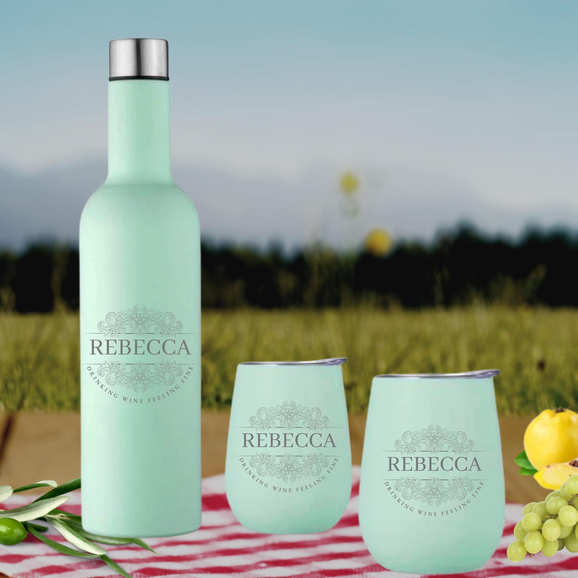 Personalised Engraved Stainless Steel Double Wall Insulated Travellers Set of 3, Thermal Wine Bottle & 2 Tumblers Custom Logo Corporate Gift