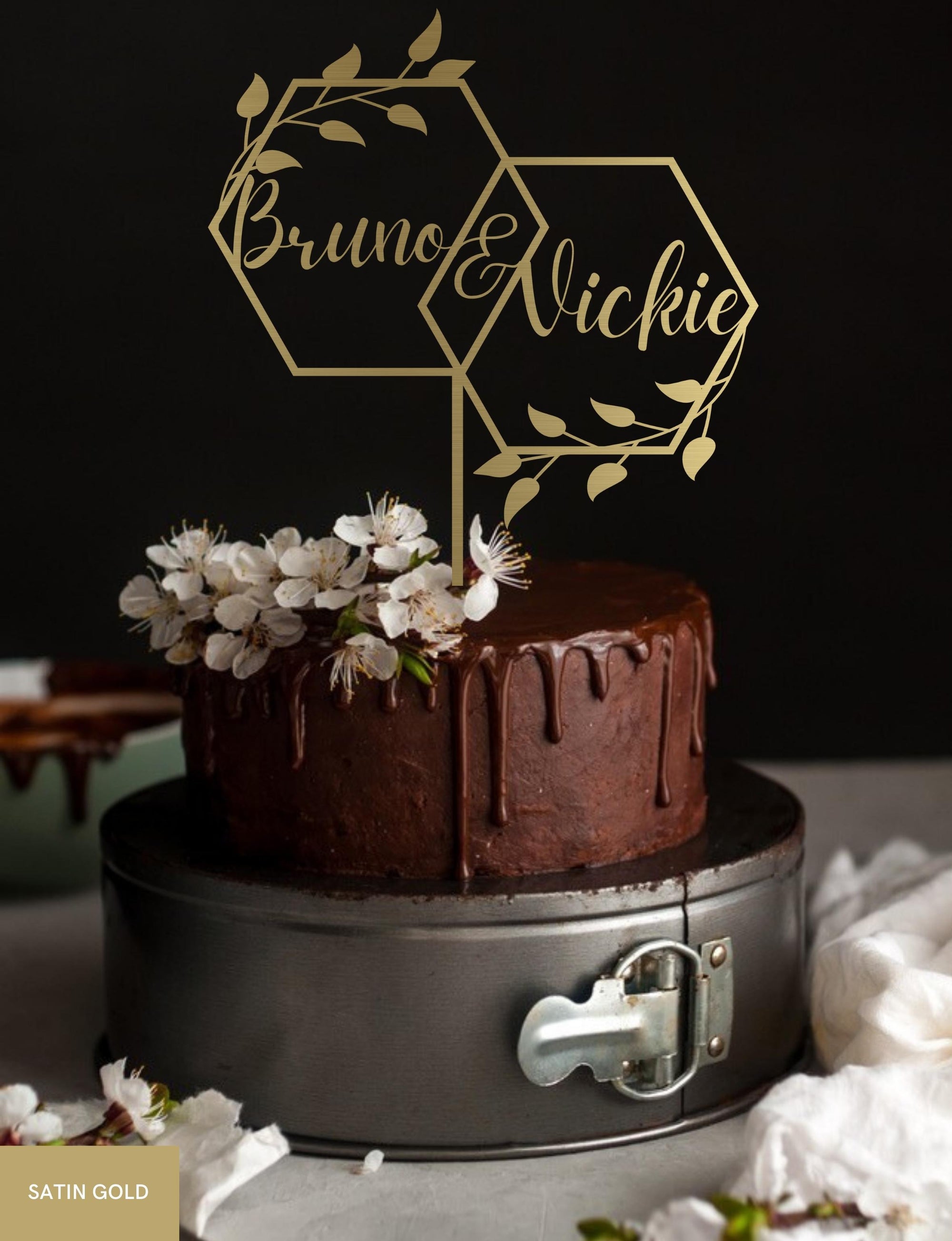 Personalised MDF/ Mirror Acrylic Wedding Cake Topper, Custom Join Name Overlap Hexagon Leaf Sign, Bridal, Groom Hens Event Party Supply Decor Toppers