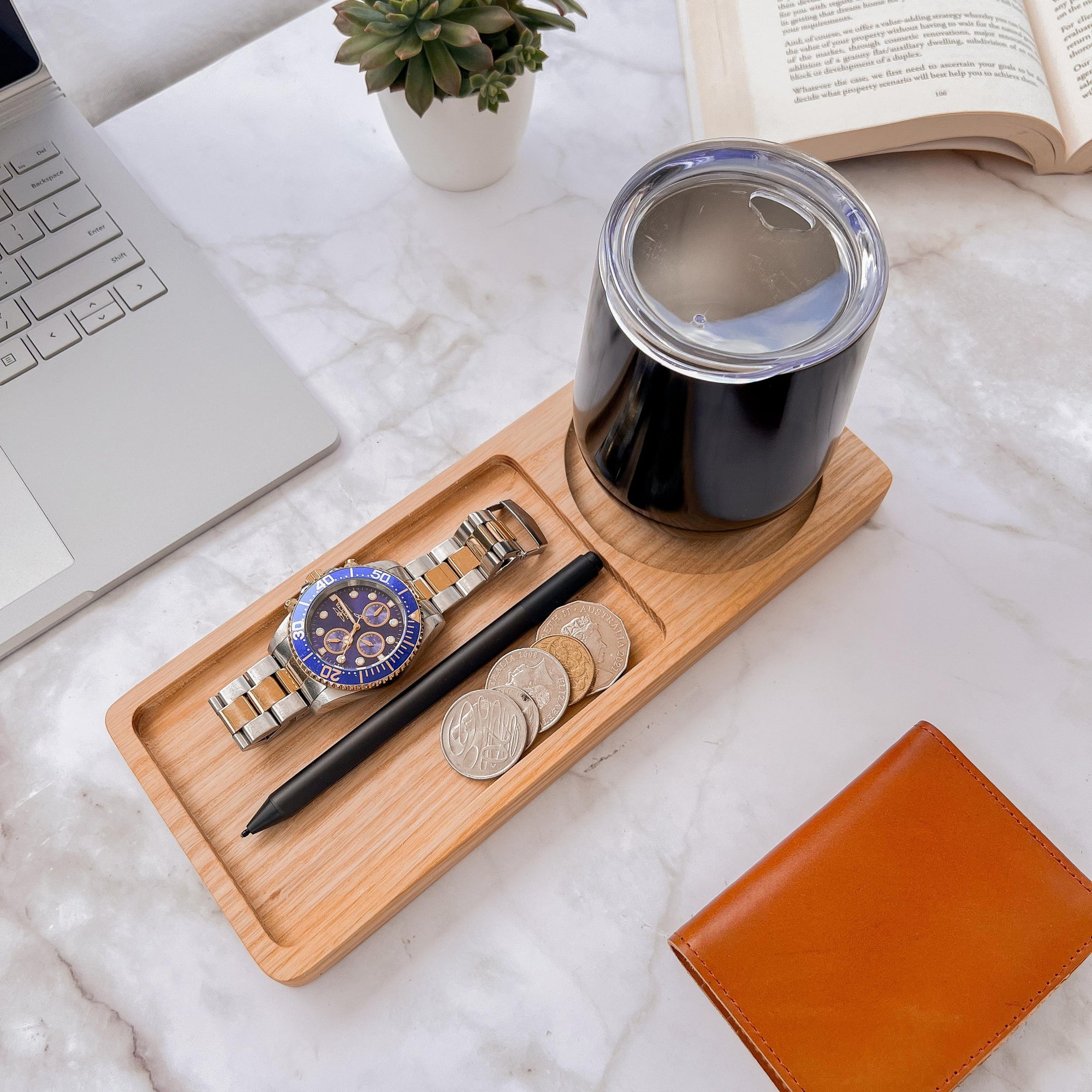 Personalised Ash Wood Round Catchall Tray & Drink Holder, Jewellery/ Tech/ Serving Valet, Custom Engraved Timber Organiser, Desk Accessories