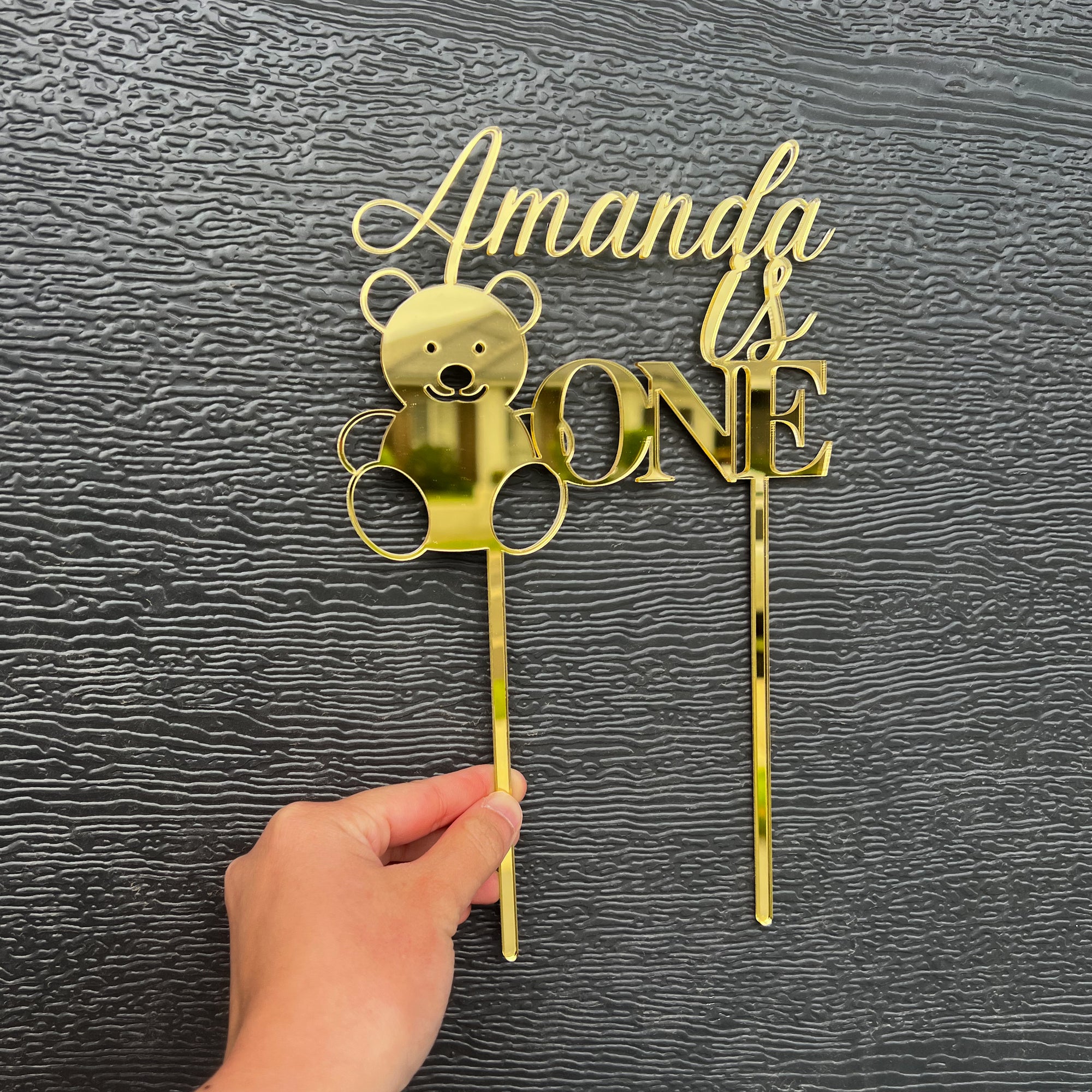 Personalised Bear &amp; Baby Birthday MDF/ Mirror Acrylic Cake Topper, Cut Out Custom Joint Name &amp; Age, Wedding/ Celebration/ Event Party Decor Supply Toppers