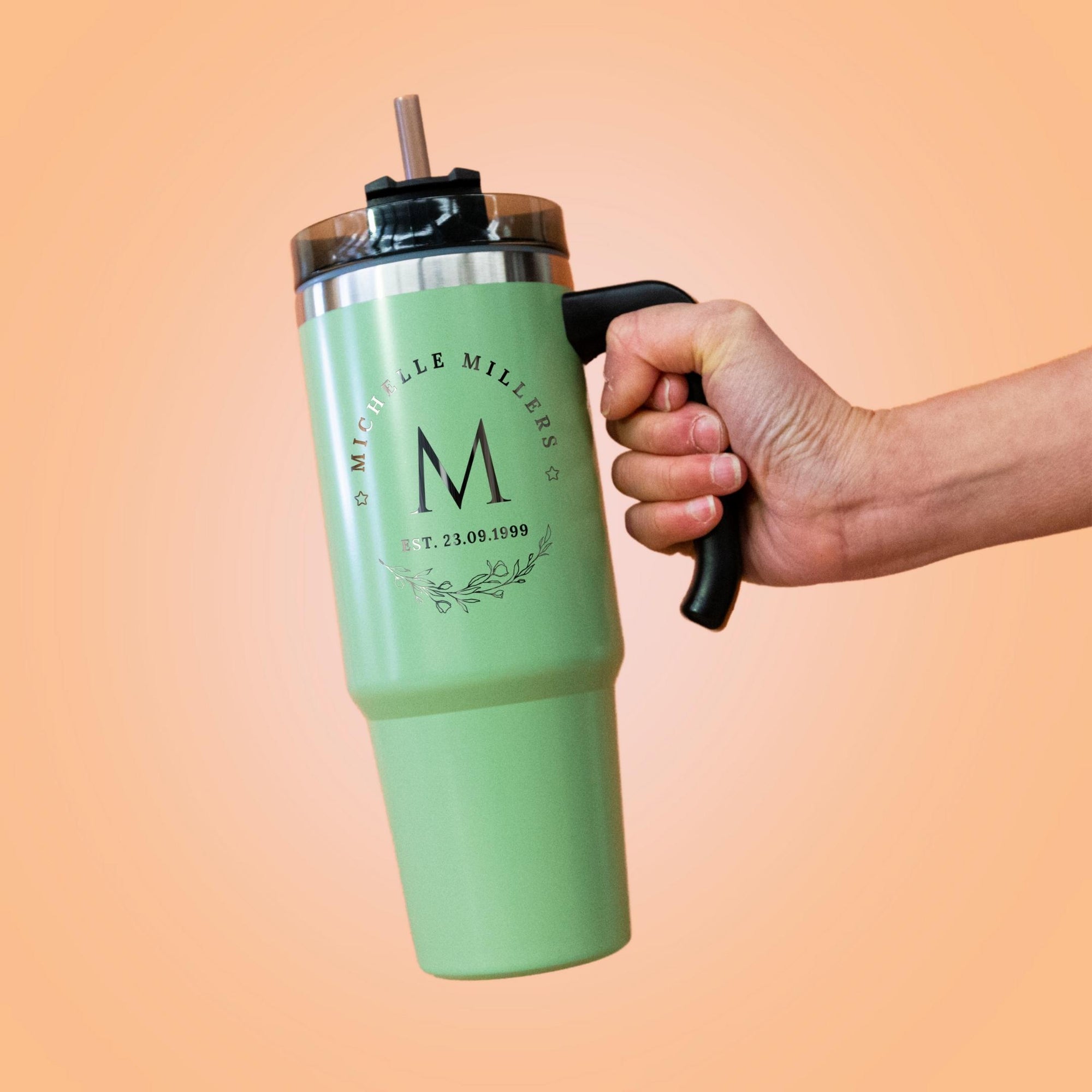 Personalised Engraved Stainless Steel Insulated Handle Tumbler & Straw Set, Laser Engraved Custom Logo Travel Thermal Drink Bottle, Coffee Cup, Corporate Birthday Gift