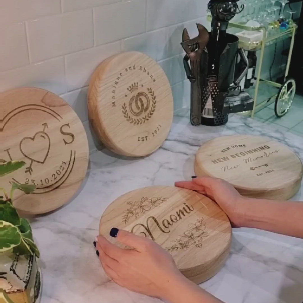 Personalised Round Wood Cheese Hinge Board & Knife Travel Set, Engraved Charcuterie Platter, Wedding Anniversary Corporate Housewarming Gift