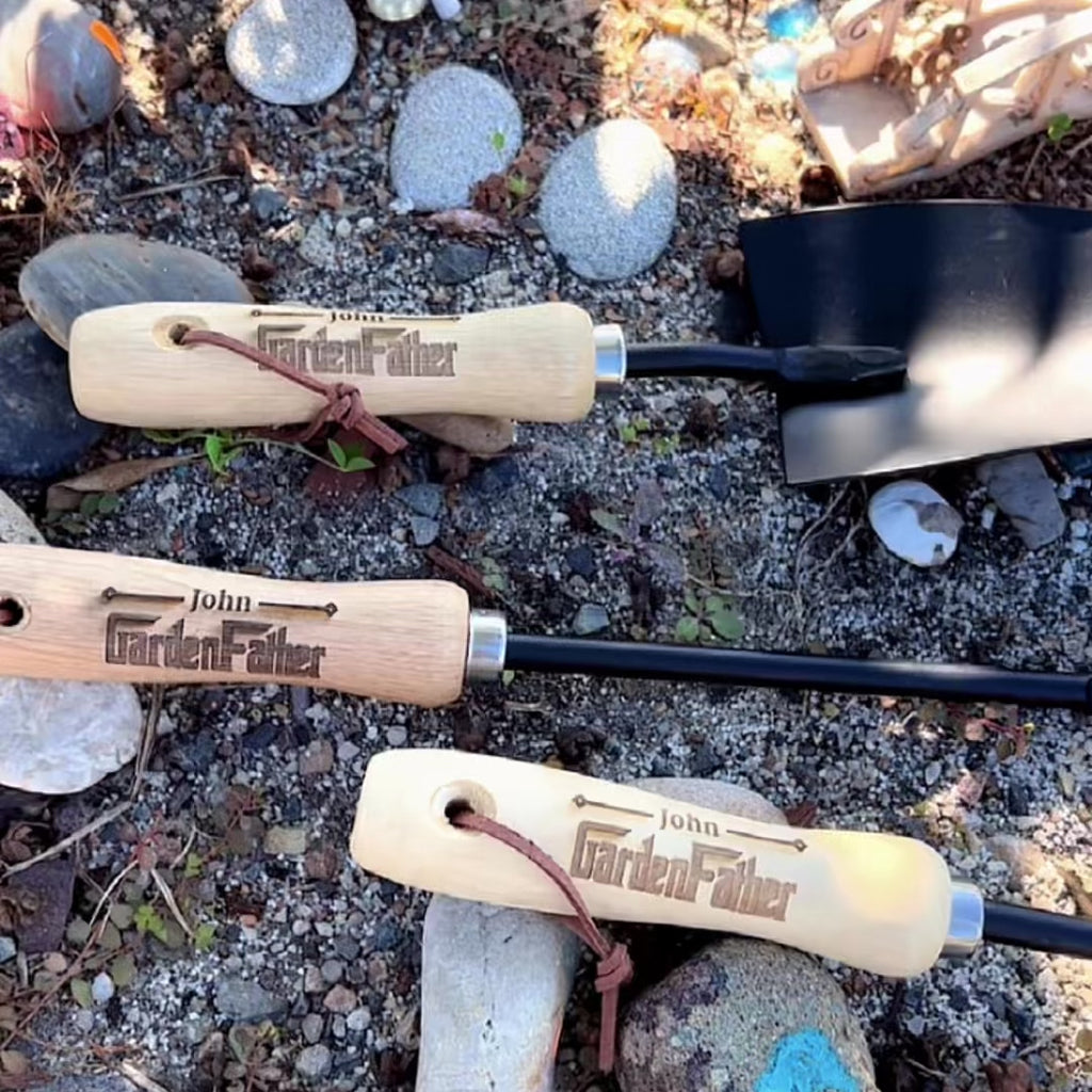 Personalised Garden Tool Set of 3, Custom Laser Engraved Etching Gardening Wooden Handle & Matte Black Cultivator/ Trowel/ Weeder, Gift for Her, Mom & Dad