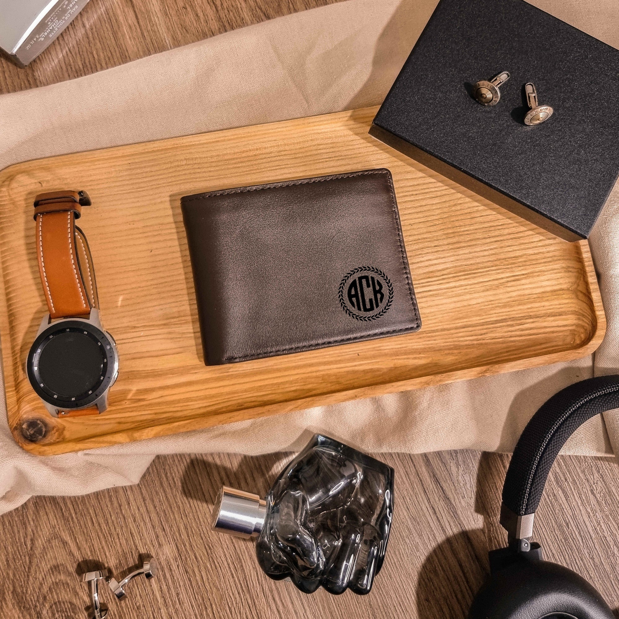 Personalised Genuine Real Leather Cowhide Bifold Wallet, Monogram Custom Engraved Gift for Him/Father/Groomsmen/Dad/ Husband Anniversary