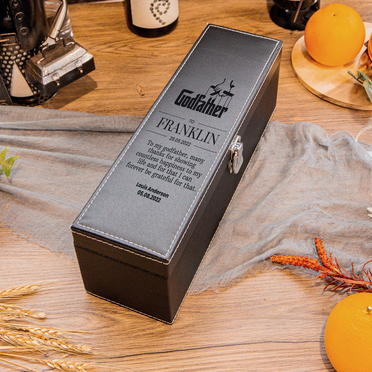 Personalised UV printed premium leather wine box gift set with 4 accessories